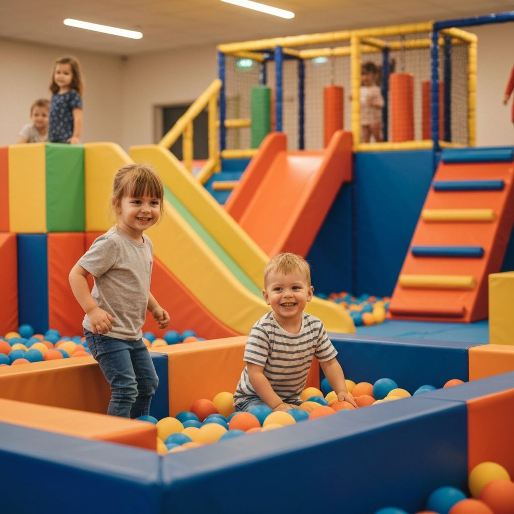 Children playing happily in a bright, colourful soft play centre